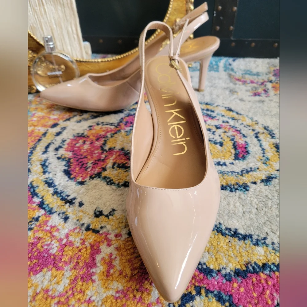Calvin Klein Nude Patent Gala Slingback Heels - Picture 2 of 14